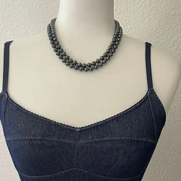 Vintage necklace double strand black glass beans - Picture 4 of 11